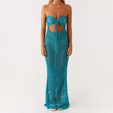 Women's blue knit tie-up front tube dress with slash neck and sheath silhouette.